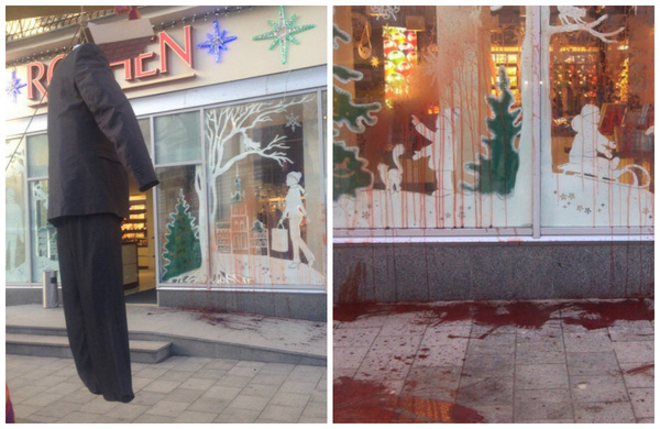 Во Львове обили кровью магазин Roshen и повесили чучело Порошенко