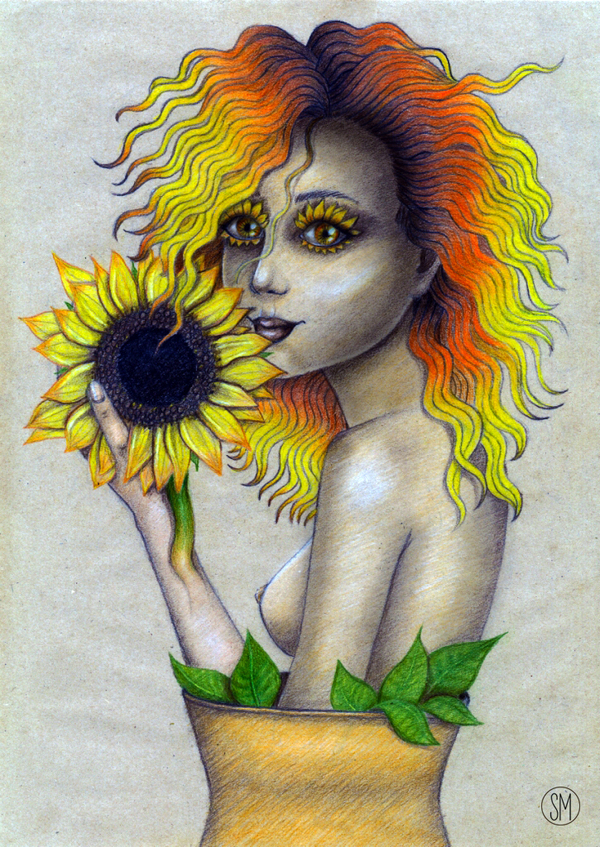 Sunflower girl - NSFW, Моё, Рисунок, Арт, Девушки, Подсолнух, Фантазия, Drawing, Картинки