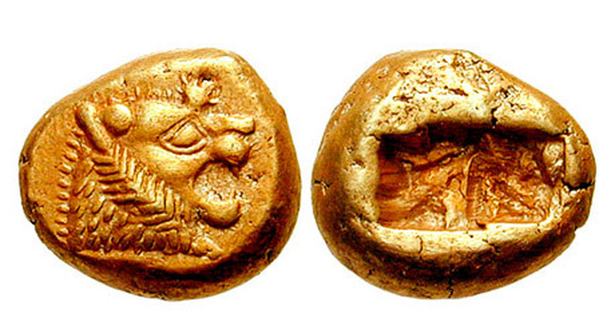 Первая известная монета. Лидийская монета 7 века до н.э. - золотой статер. Золотой статер Лидии, 564-539 г до н.э.. Лидийский статер из сплава золота и серебра.