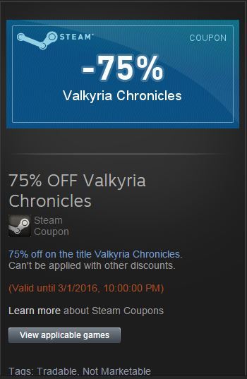 Steam Coupon - My, Steam, Freebie, Coupons, Valkyria Chronicles