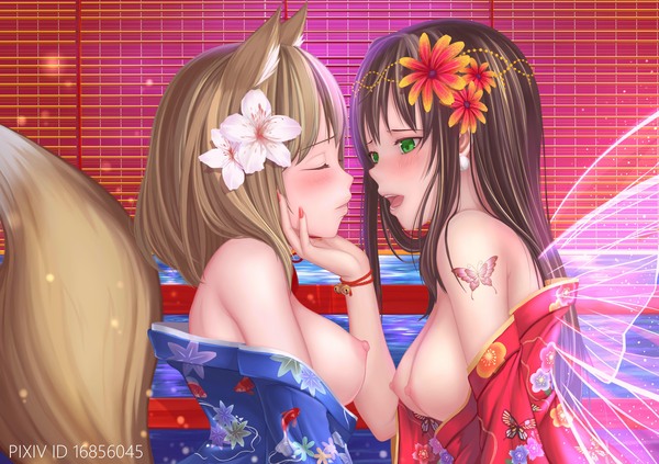 Anime Art - NSFW, Anime art, Anime, Shibuya rin, Takagaki kaede, Boobs, Etty, Kimono, Kitsune