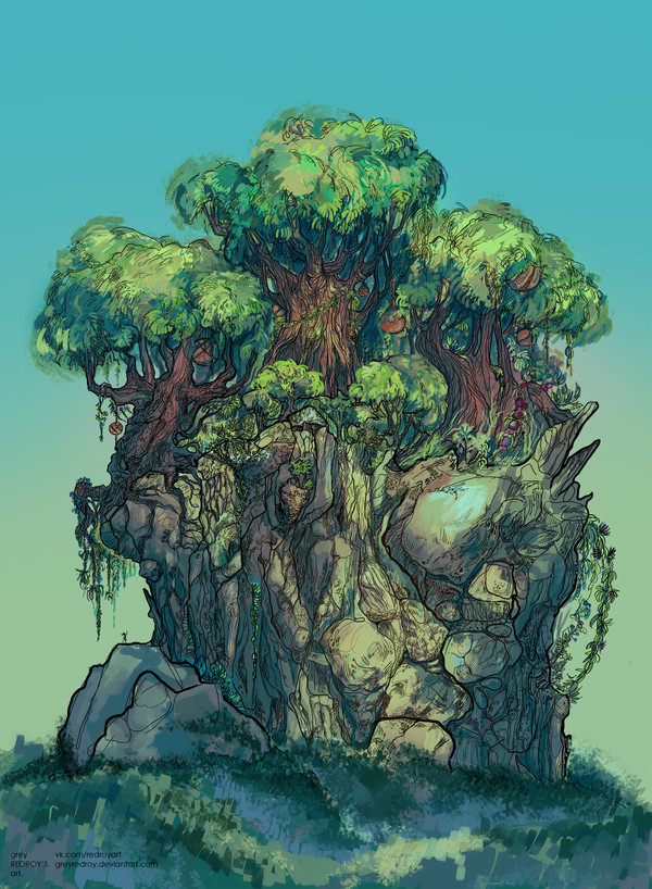 giant trees - My, Art, Drawing, Landscape, Fantasy, Spring, Nature, The mountains, The rocks