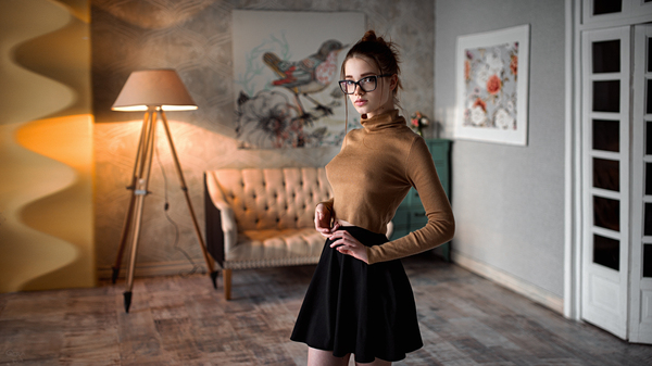 With glasses and a skirt - Photo, Girl in glasses, Breast, Erotic