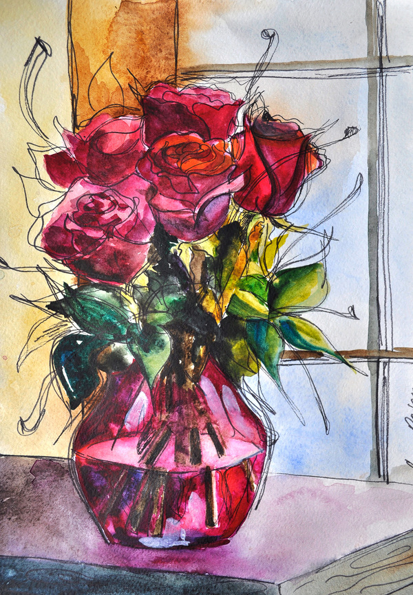 Roses in a vase - My, Still life, Flowers, Watercolor, Art, My, Annaorion, Drawing, Painting