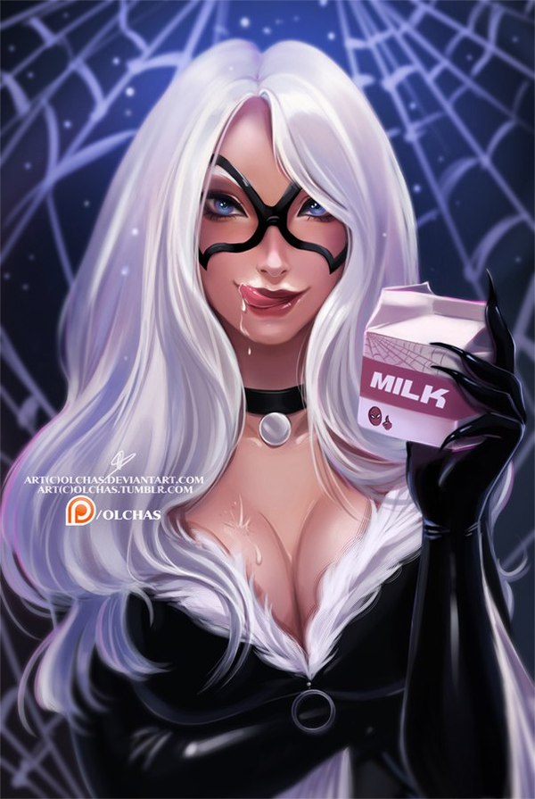 Marvel Black Cat - NSFW, Olchas, Black cat, Spider-man, Marvel, Spiderman, Deviantart, Milk, Breast