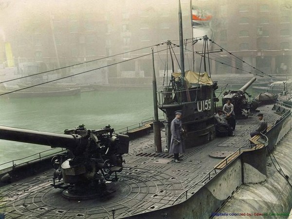 German submarine U-155, 1917. - Photo, The photo, Colorization, Manual colorization, Submarine, Germany, World War I