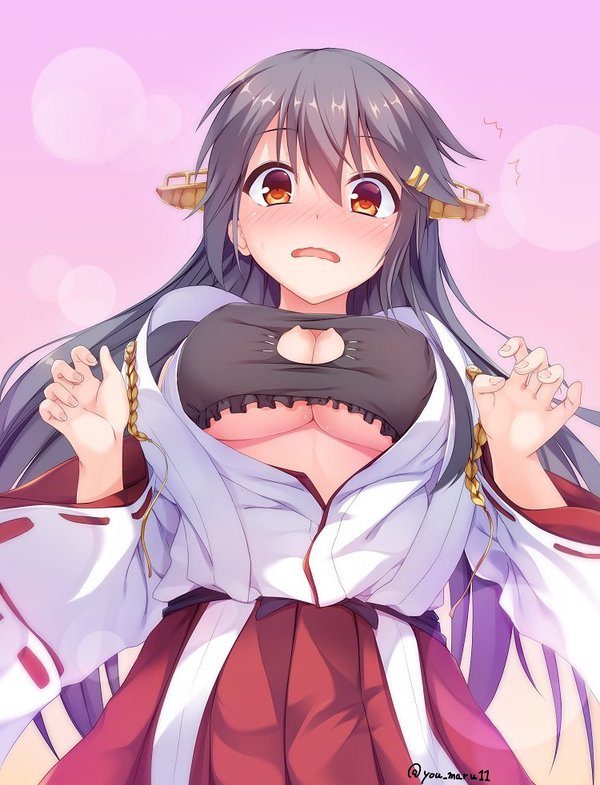 Haruna. - NSFW, Аниме, Anime Art, Kantai Collection, Haruna, Cat Keyhole Bra, Cat lingerie