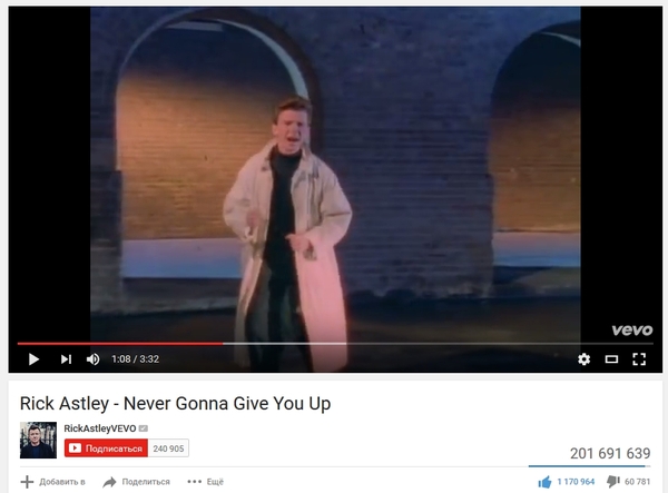   Never Gonna Give You Up   200 !!1 Rick Astley, Never Gonna Give You Up, YouTube