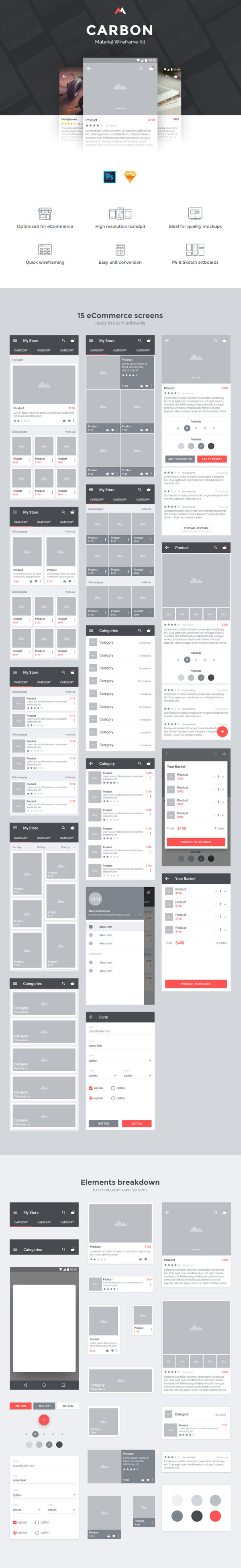 CARBON - Material Wireframe Kit [PSD, SKETCH] - Freebie, Photoshop master, Sketch, Wireframe, Design, Longpost