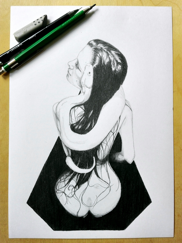 Snake hugs - My, Snake, Erotic, Pencil drawing, Drawing, My, NSFW