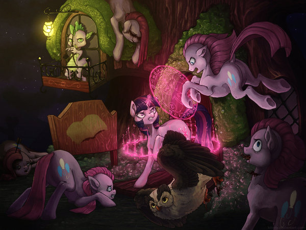   My Little Pony, Grimdark, Darkpony, Pinkamena Diane Pie, Twilight sparkle, Spike, Owlowiscious, Koviry