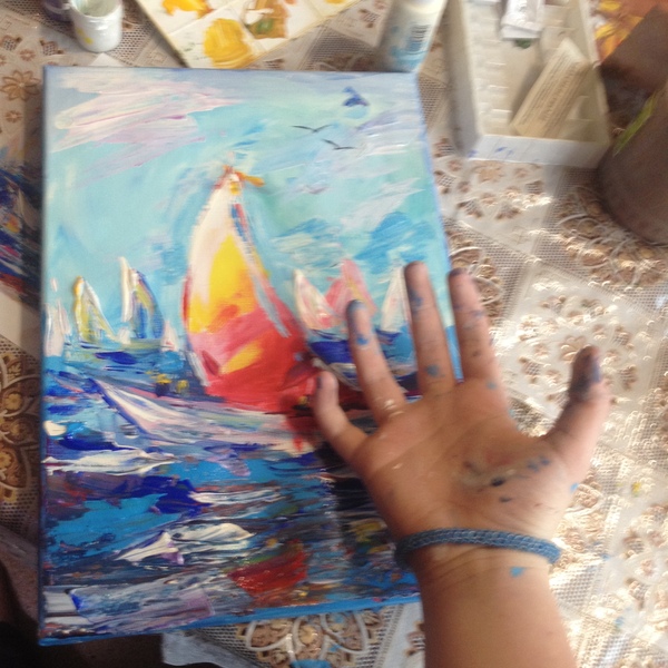 Acrylic, 3 hours of work, drawing by hand and palette knife - My, Acrylic, Sailboat, Painting