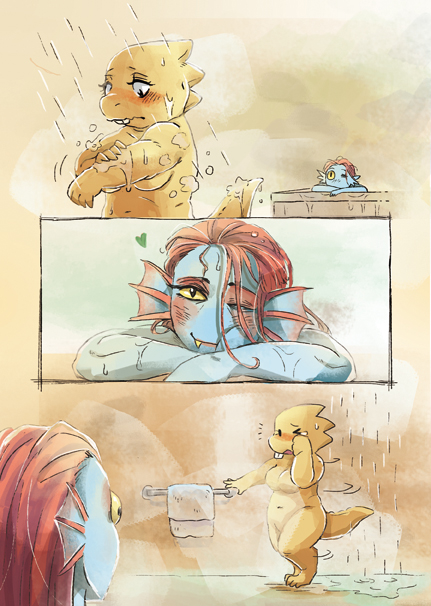 The hot springs - NSFW, Undertale, Alphys, Undyne, Comics, Translation, Shipping, Furry, , Longpost