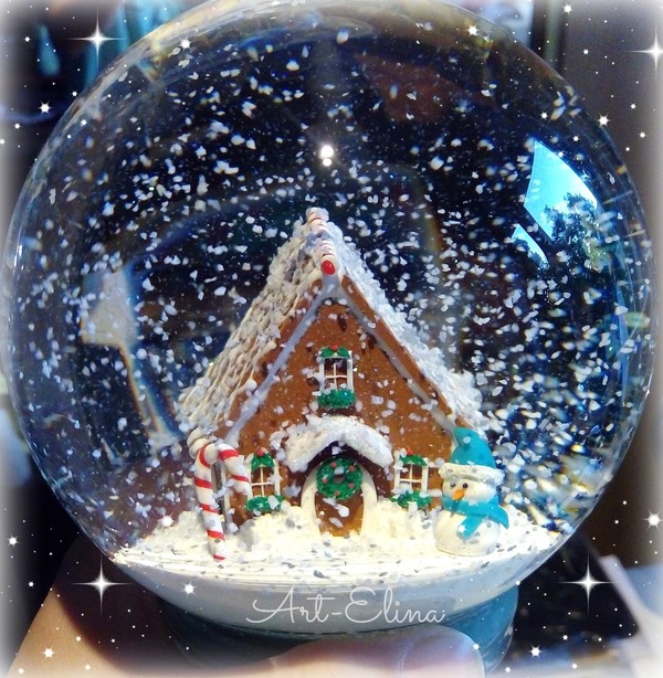 Snow globe with a gingerbread house made of polymer clay))) - My, Polymer clay, Gingerbread house, Snow Globe, Longpost