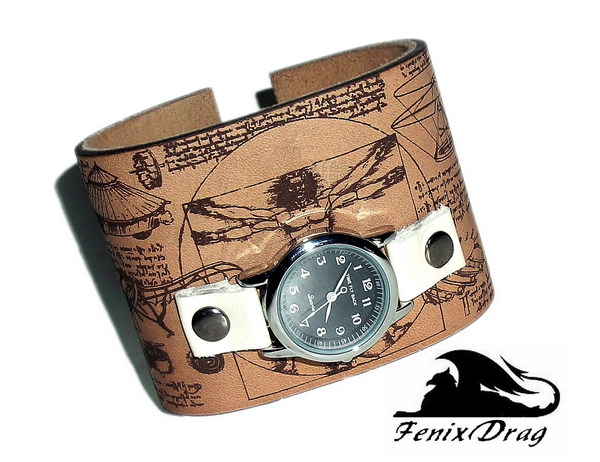 Wide bracelet made of genuine leather Genius of Leonardo da Vinci. Codex and watch with reverse time - My, Leonardo da Vinci, A bracelet, , Handmade, Longpost