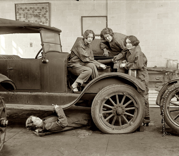 High school students study car mechanic business. - Auto, Car, Mechanic, Girls, Schoolgirls, Repair, 1922