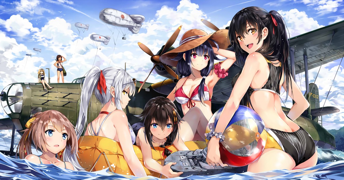 Lot girl. Kantai collection Shigure Swimsuit. Аниме группа девушек в купальнике. Аниме компания на пляже. Аниме арты много девушек.