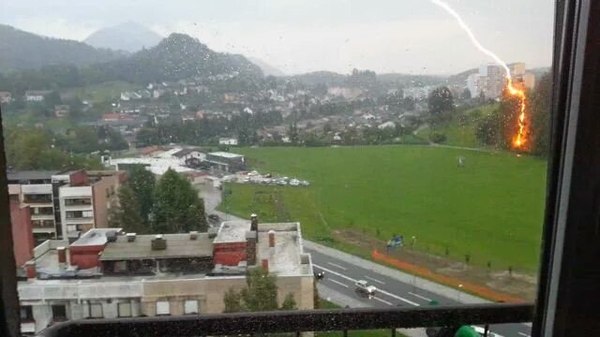 Близкий удар молнии в дерево (Словения, 29 авг. 2016 г.).