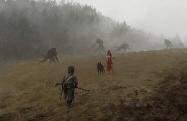 1863 - Lady in red. - Girls, Digital, Fantasy, Werewolves, Wolf, Jakub Rosalski, Illustrations, Art