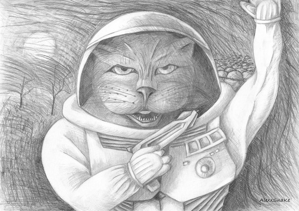 space cat - My, cat, Drawing, Pencil, Space, Creation, Art, Invasion