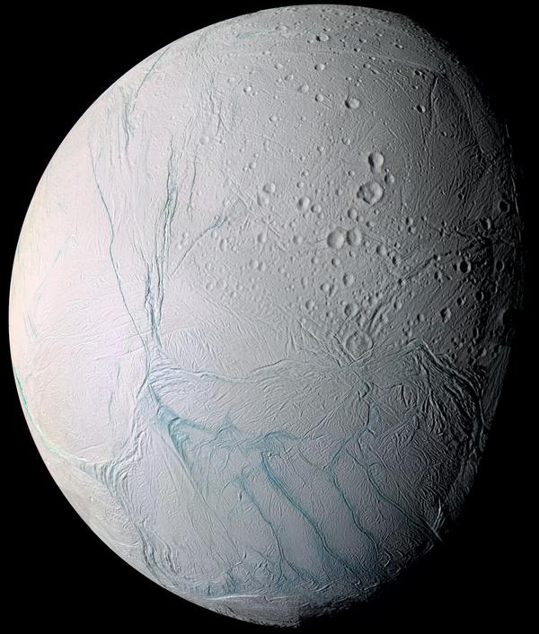 Enceladus, the sixth largest moon of Saturn, is covered in blue-white ice. - Space, Satellite, Saturn, Voyager, Reddit