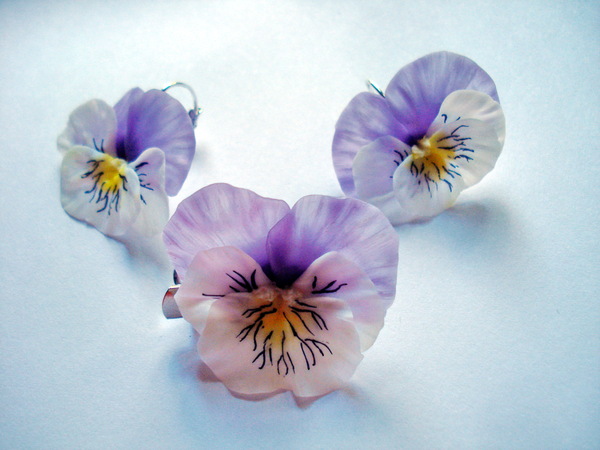 Polymer clay set - My, Pansies, Earrings, Brooch, Barrette, Polymer clay, Hobby, Decoration