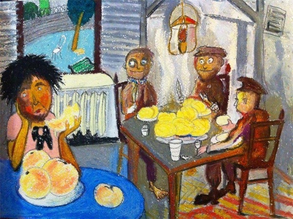 Potato Eaters look askance at the girl with peaches - Painting, Girls, Peach, Girl with peaches, Peaches