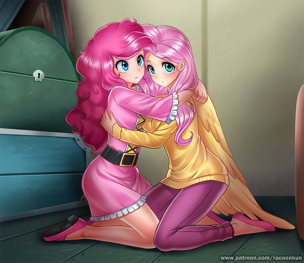 Frightened hugs My Little Pony, Pinkie Pie, Fluttershy, , MLP Season 6, Racoonkun