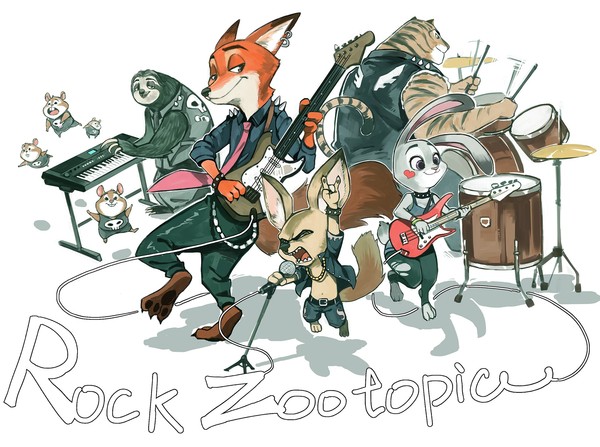 Rock band - Zootopia, Art, Characters (edit), Finnick, Judy hopps, Nick wilde, Rock, Music, Finnick the Fennec