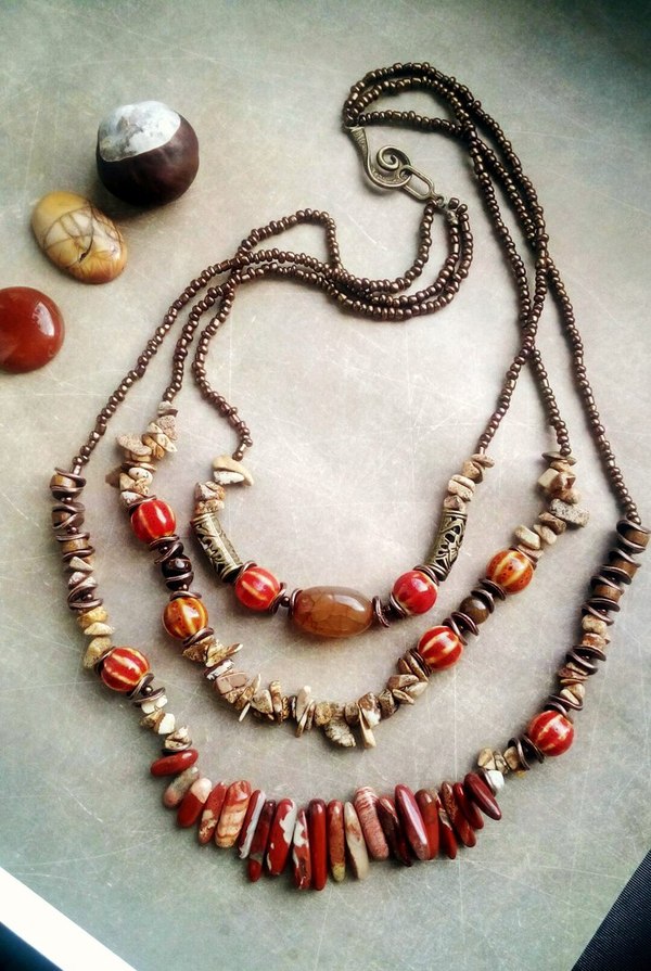 Three-row beads Colors of autumn. - My, My, Beads, Jasper, Gems, Handmade, Autumn, , With your own hands, Longpost