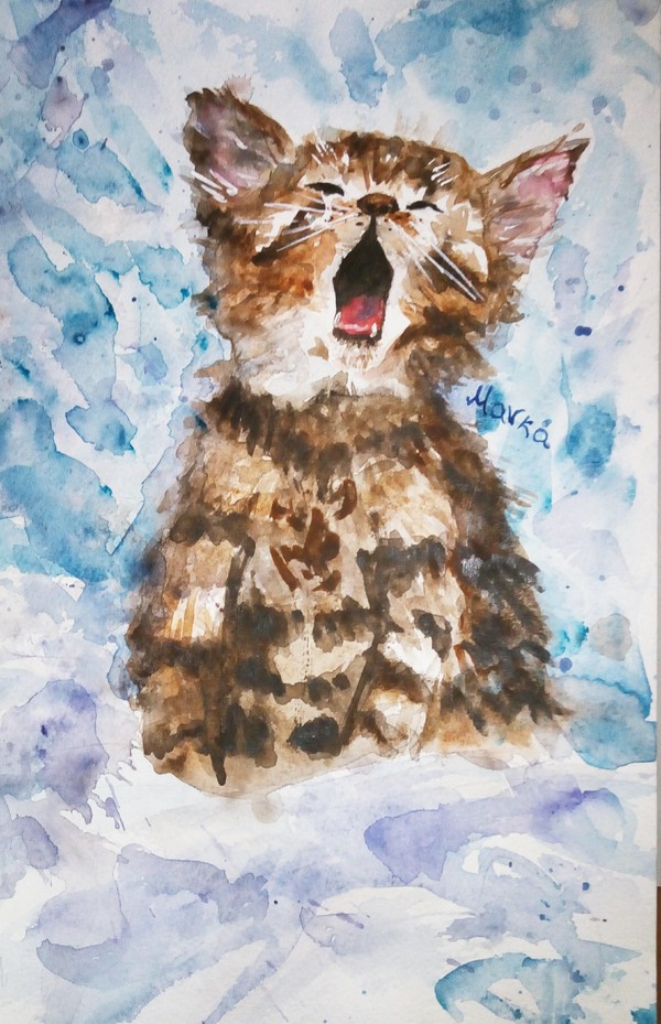 yawns) - My, cat, Watercolor, Drawing