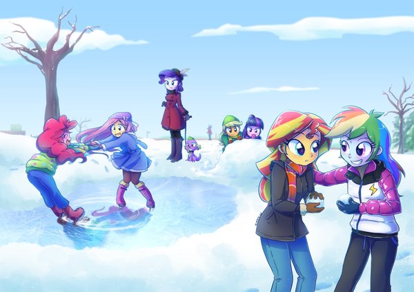 Winter Antics - My Little Pony, Equestria Girls, Mane 6, Sunset Shimmer, Spike, Арт