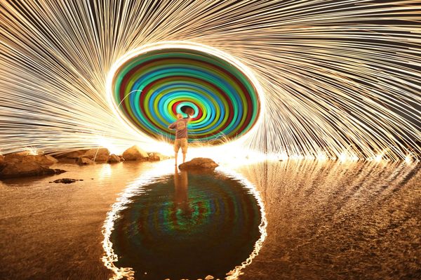 Multi-colored stick with steel wool at the end, at a slow shutter speed - Photo, Excerpt, Beautiful, Sparks, Light