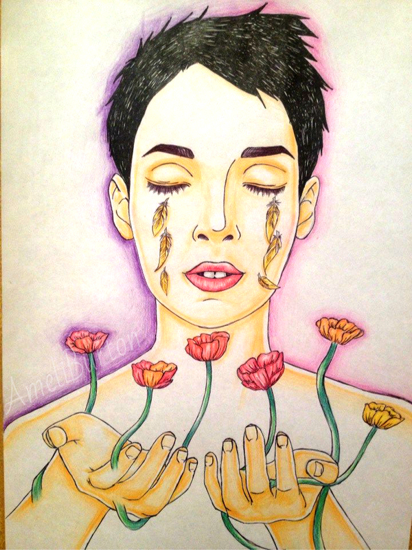 Canaries live in my eyes, flowers grow from my hands. - My, Art, Winona Ryder, Poppy, Canary, Longpost