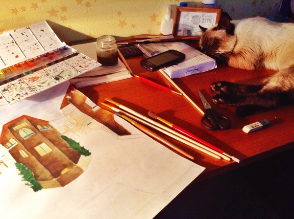 Working atmosphere) - My, cat, Drawing, My