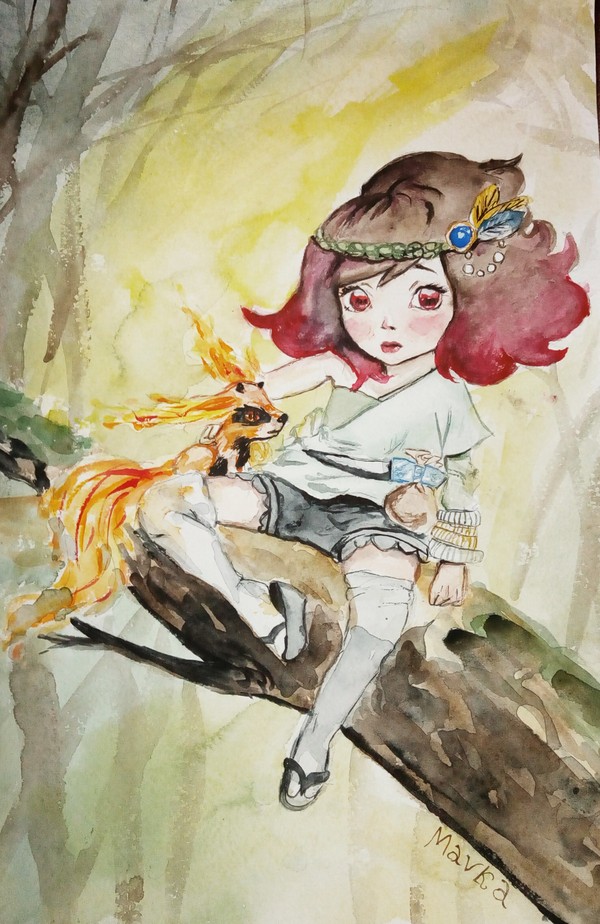 Forest girl and her friend - Forest, Watercolor, Girl, Drawing, Art, My