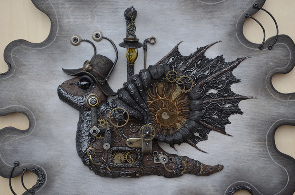 Panel Ulitus Mechanicus - My, Polymer clay, Snail, Steampunk, With your own hands, My, Creation, Panel, Longpost