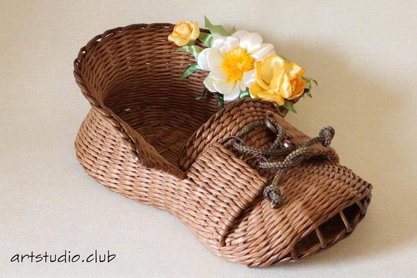 Shoe-basket made of newspaper tubes - My, shoes, Weaving, With your own hands, Longpost