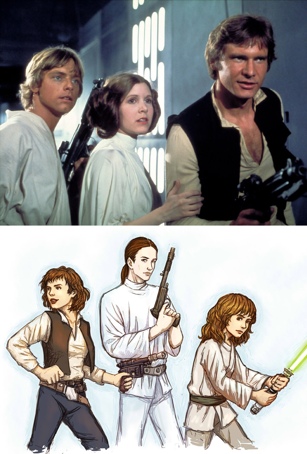 Luke, Leia and Han Solo - sex change - My, Star Wars, Luke Skywalker, Princess Leia, Han Solo, Gender reassignment, Rule 63, Drawing