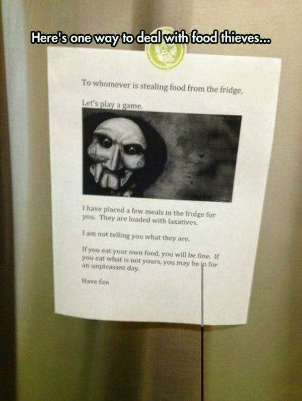 One way to deal with food thieves... - Refrigerator, Thief, Freeloaders, Laxative, Games, Translation