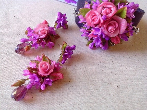 A set of handmade jewelry made of polymer clay. Roses and lilacs. - Decoration, Polymer clay, the Rose, Lilac, A bracelet, Earrings, Handmade, Bijouterie, Longpost