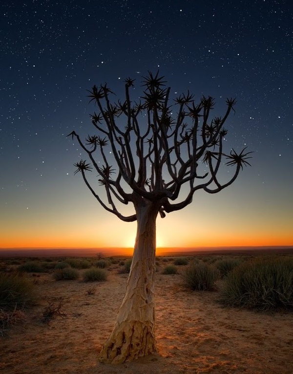 Sunset and Stars - The photo, Desert, Sunset, Stars, Namib Desert, Sky, Landscape, Tree, Stars