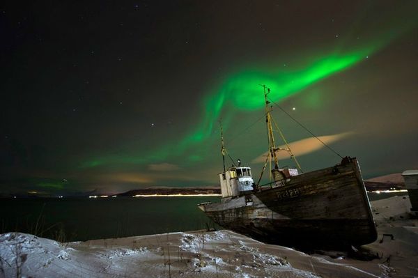 Northern lights over a ship in Norway - Norway, Beautiful, Ship