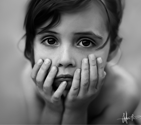 After all, I will not be alone? .. (Artist Sofie Inuk Edelfelt) - Portrait, Girl, Digital, Black and white, Face, Emotions, Sight, Art