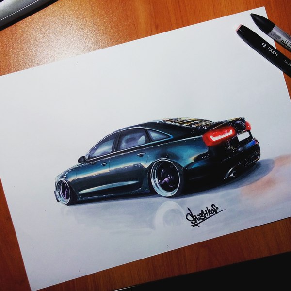 AUDI A6 a3 format Used: gel pen, markers and pencils. drawing time: 3h - My, Audi, Drawing, Auto, Car, Marker, Paper, Creation