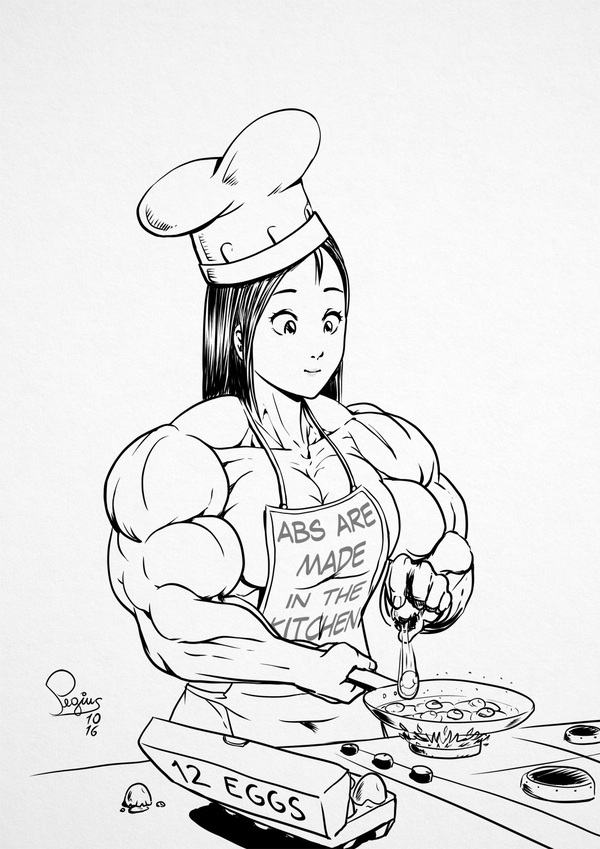 On the kitchen - Pegius, Art, Strong girl, Sleep-Sleep, Bodybuilders, Extreme muscles, Kitchen