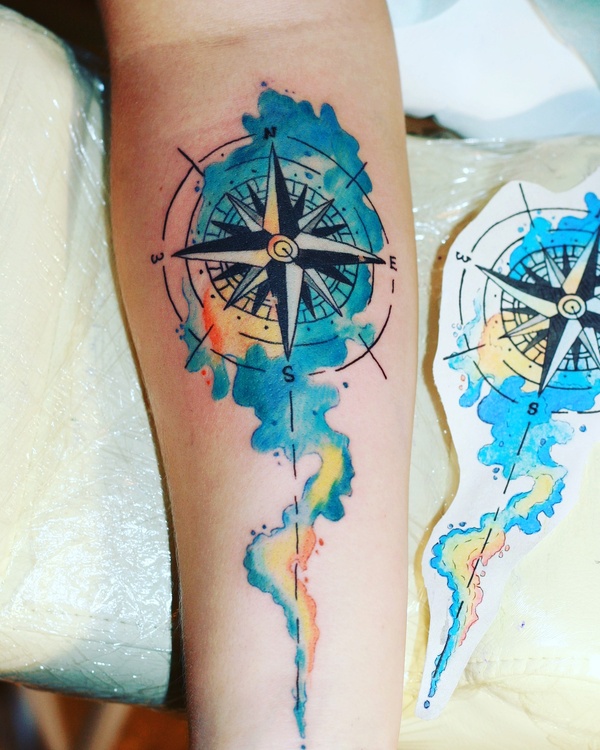 Watercolor tattoo. - My, , Tattoo, Sketch, Longpost, Compass, Wind rose