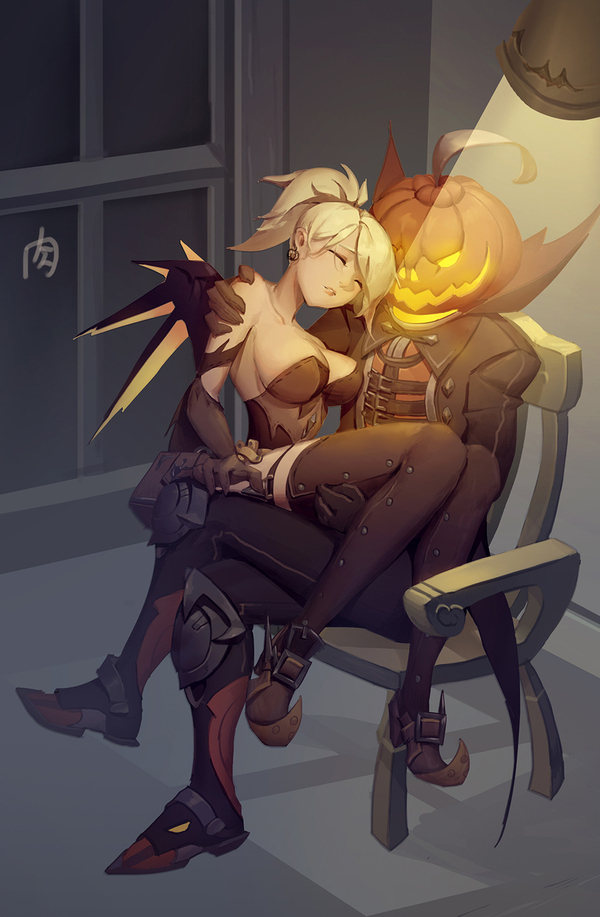 The Horseman lulls the Witch - Overwatch, Mercy, Reaper, Blizzard, Boobs, Stockings