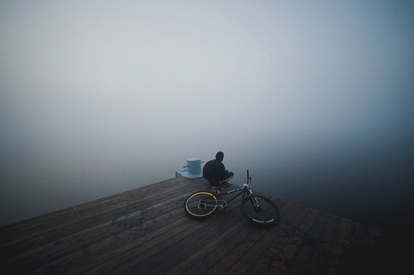 Fog in the morning on the Volga. - Volga, River, Morning, A bike, Pier, Volga river