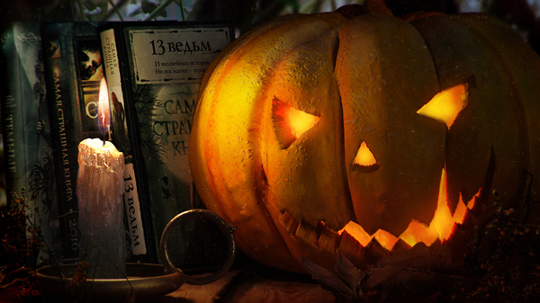 Pumpkin and books. - My, Halloween, Pumpkin, Books, Desktop wallpaper, 3D graphics, Art, Digital drawing, My